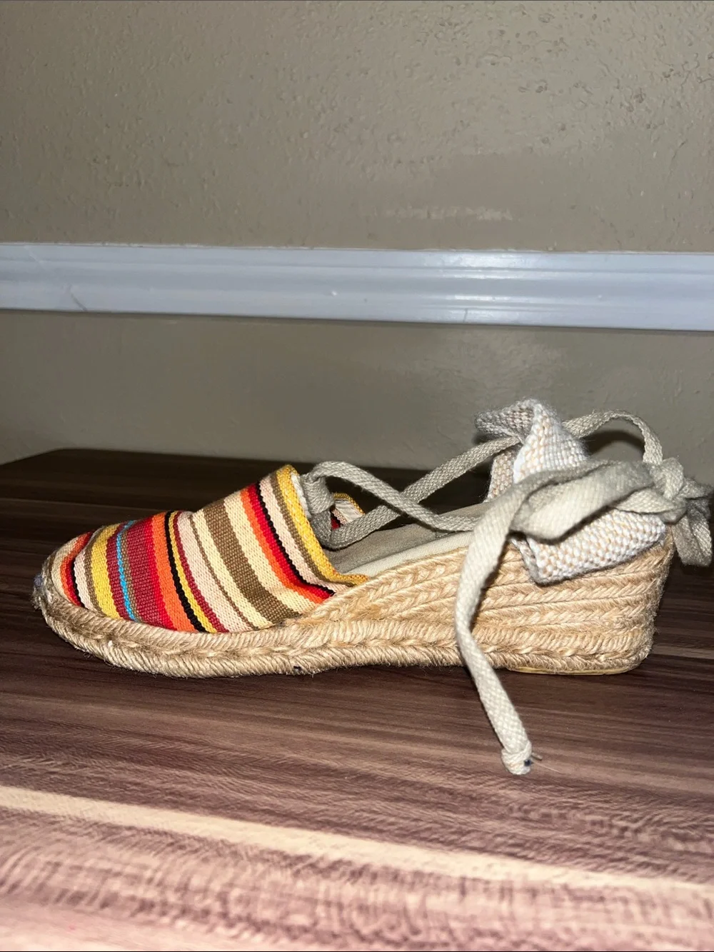Lord and Taylor  Striped Multicolor Espadrille with ties around ankle